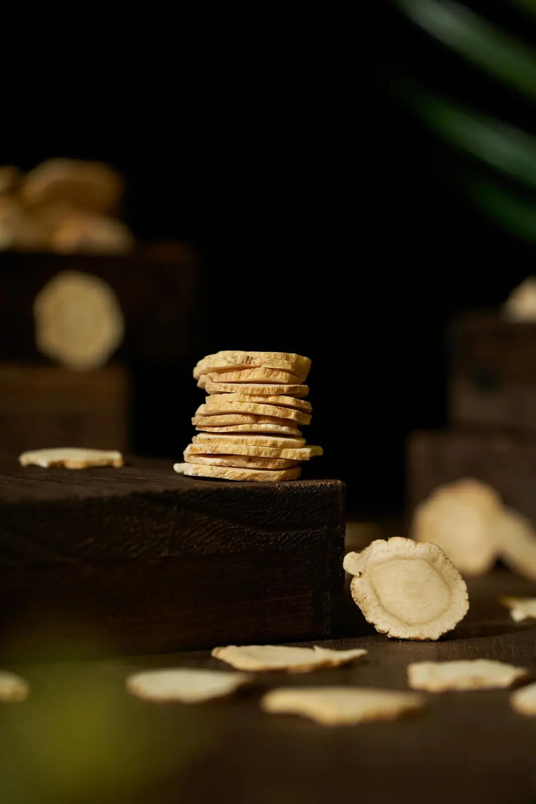 Dried ginger root pieces with ginger powder