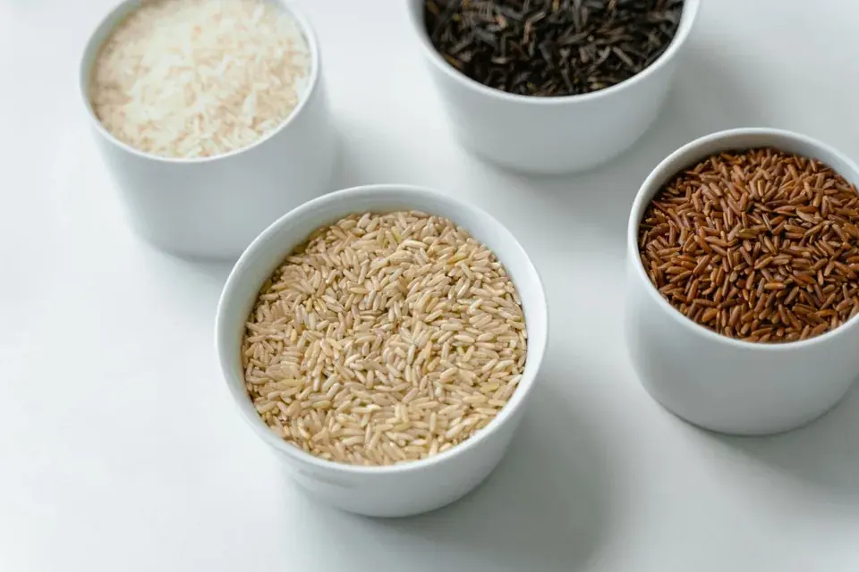 Rice and grains in ceramic bowls